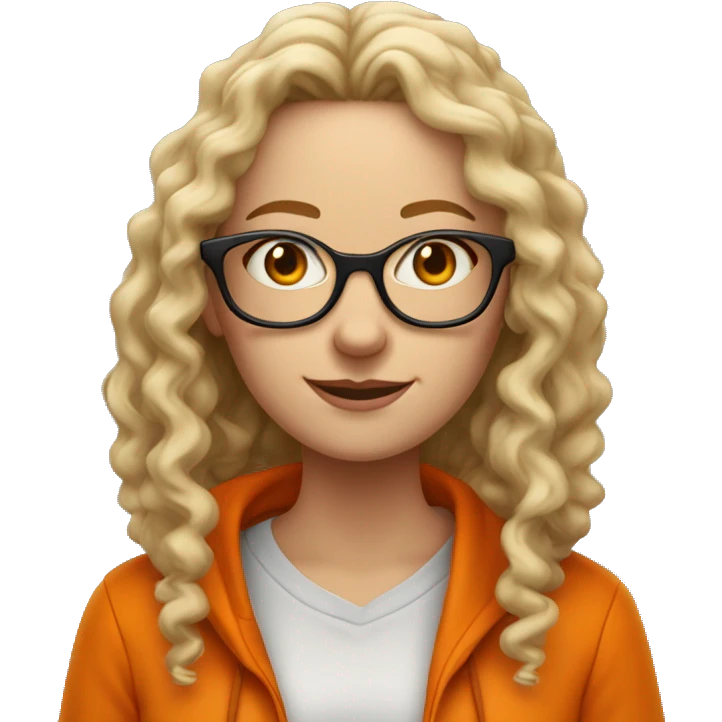White woman with long curly hair with mischievous look and orange hoodie on. Wearing glasses but one has a dark lense and one side  is missing a lense  emoji