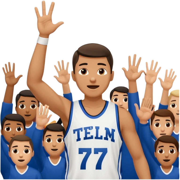 Maverick Trevillian in the crowd at an amateur basketball game. He leans towards the camera and enthusiastically shouts "six seven while performing a distinctive hand gesture: both hands open, palms facing upward, moving up and down as if weighing two options. emoji