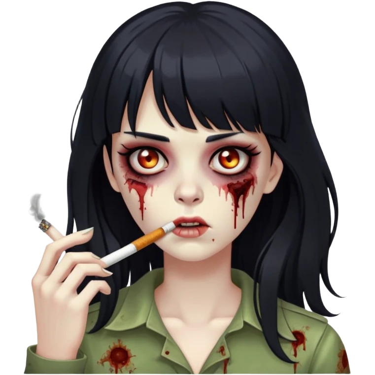 Zombie girl com cabelos pretos longos, uma franja até metade da testa e fumando um cigarro emoji
