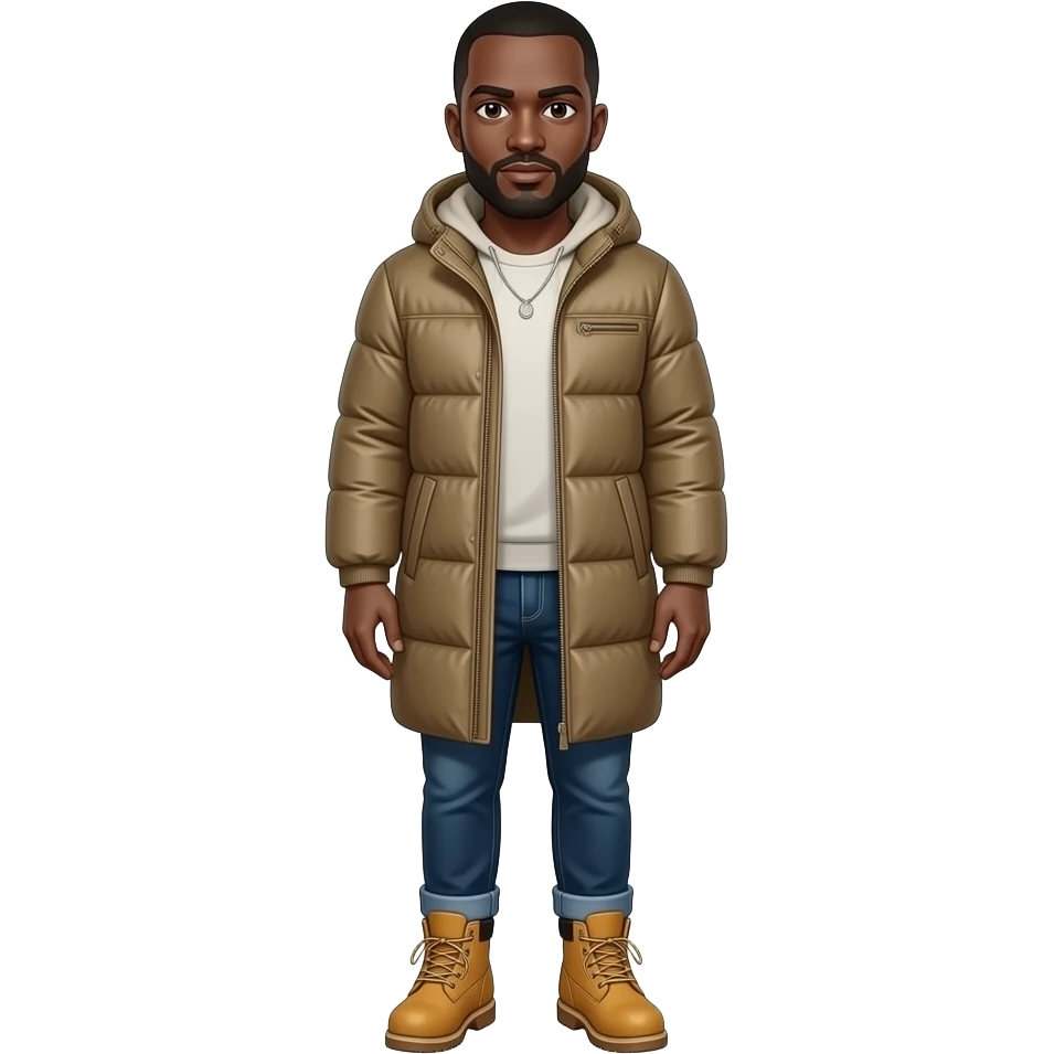 Bald black man with puffer coat, timberland boots emoji