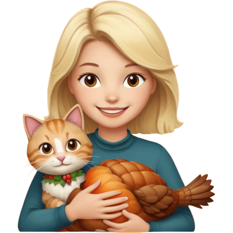 A blonde woman with a thanksgiving turkey cat emoji