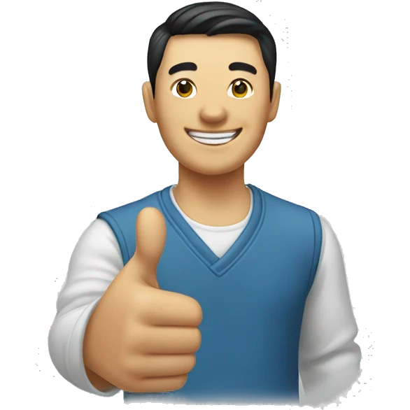 Smiling Chinese man shows thumbs up emoji