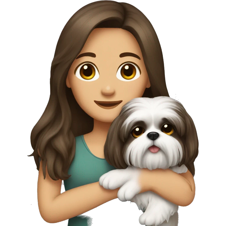 Brunette girl long hair, hugging her Shih tzu emoji