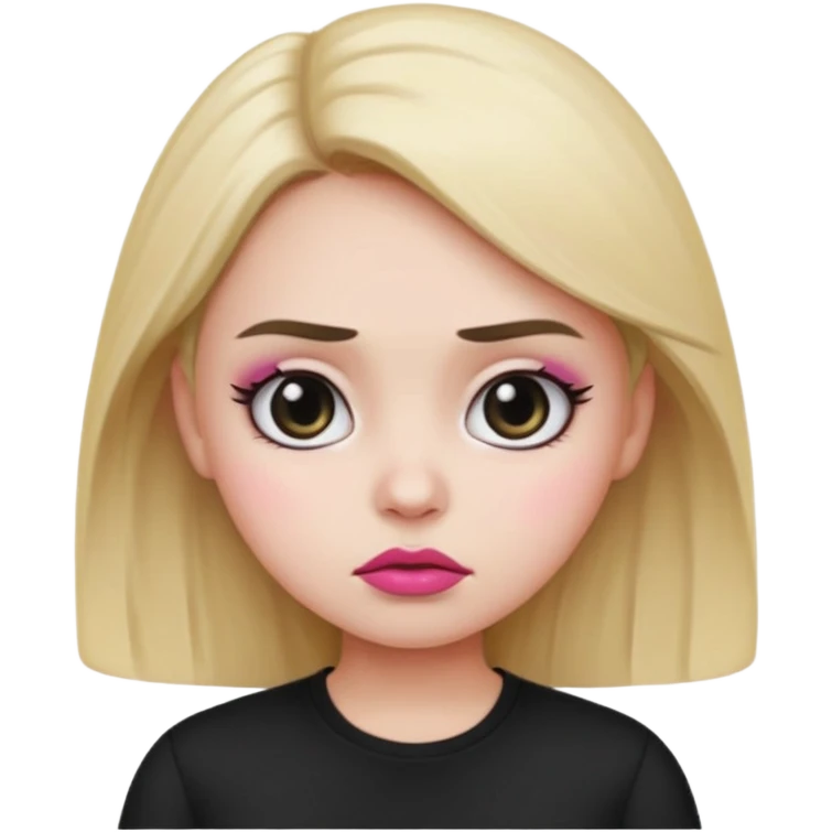  Girl emoji with round face, white skin, sharp eyebrows, frowning face, black shirt, pink lips, and big eyes  emoji