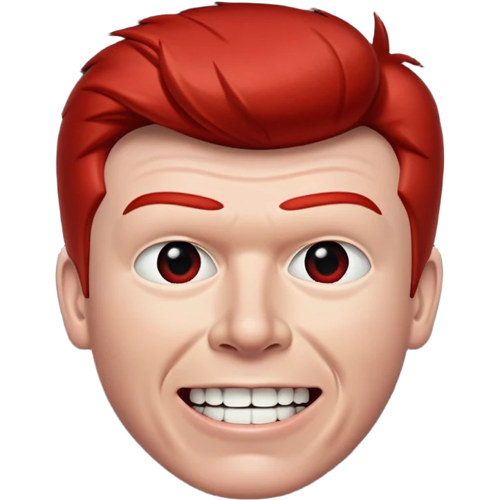 Rick Astley with straight face but his upper teeth are sticking out and he’s really red and he’s slowly coming up to you and the background is pitch black emoji