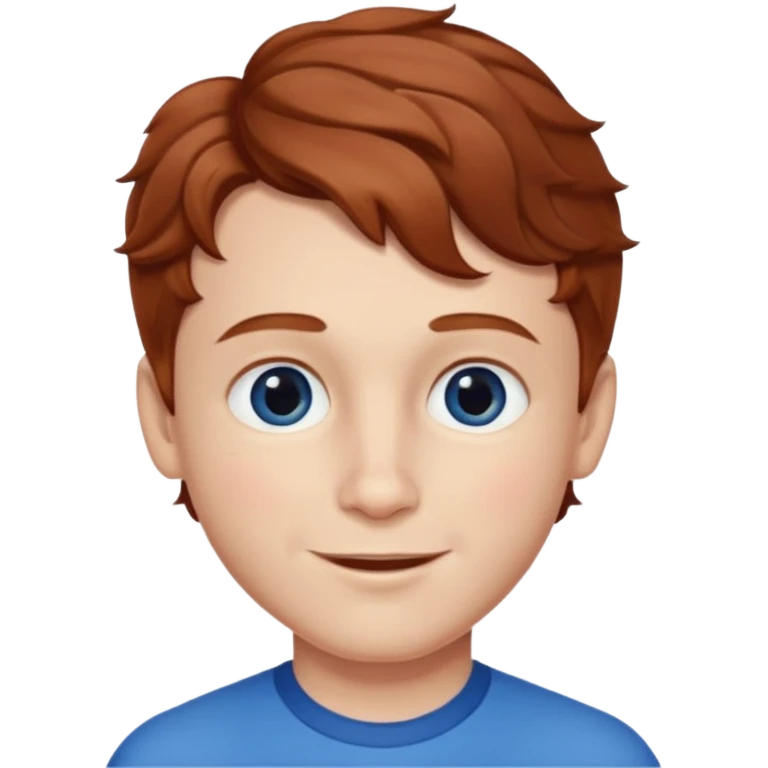 Please generate a portrait of a boy. He has light brown to reddish-brown wavy hair, a right side parting, longer sideburns, blue eyes, a snub nose, and a somewhat pronounced, strawberry-red pout. He is smiling. emoji