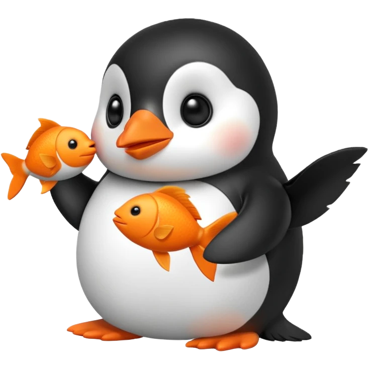 A cute penguin doll holding an orange fish. emoji