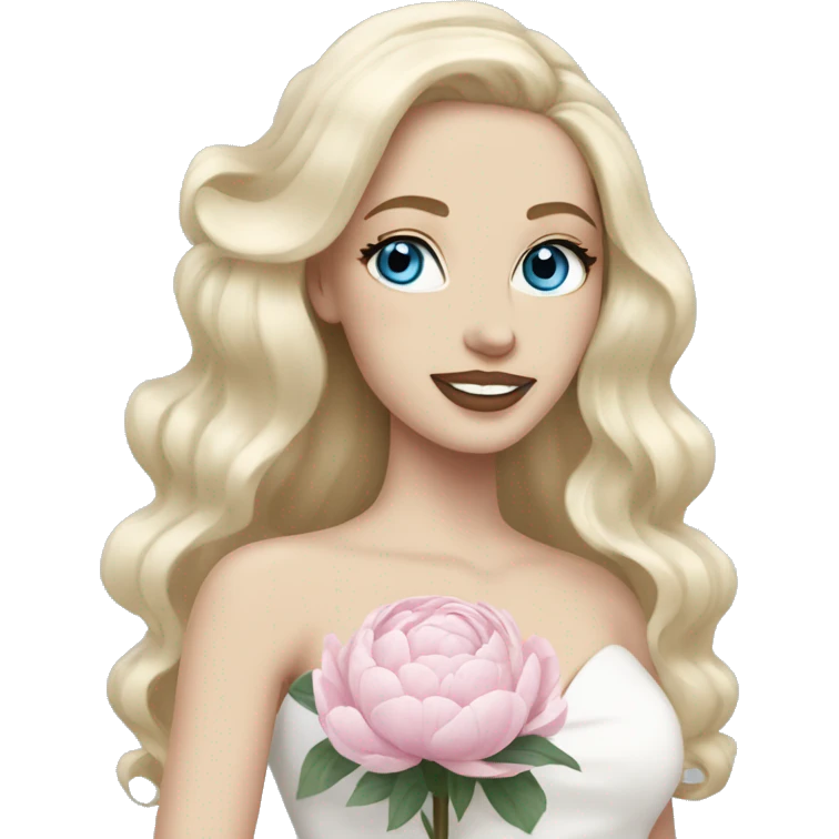 White bride with long light blonde hair and blue eyes with light pink peonies in hair white skin  emoji