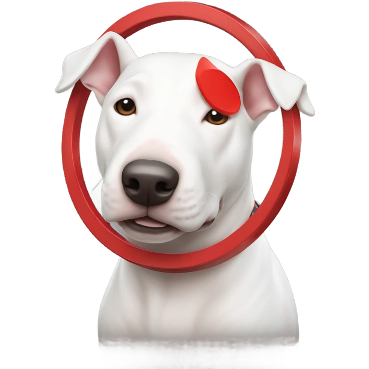 White bull terrier dog with red target emoji