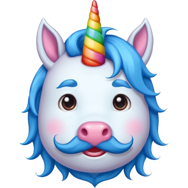 unicorn face with big thick mustache cute and blue haired emoji