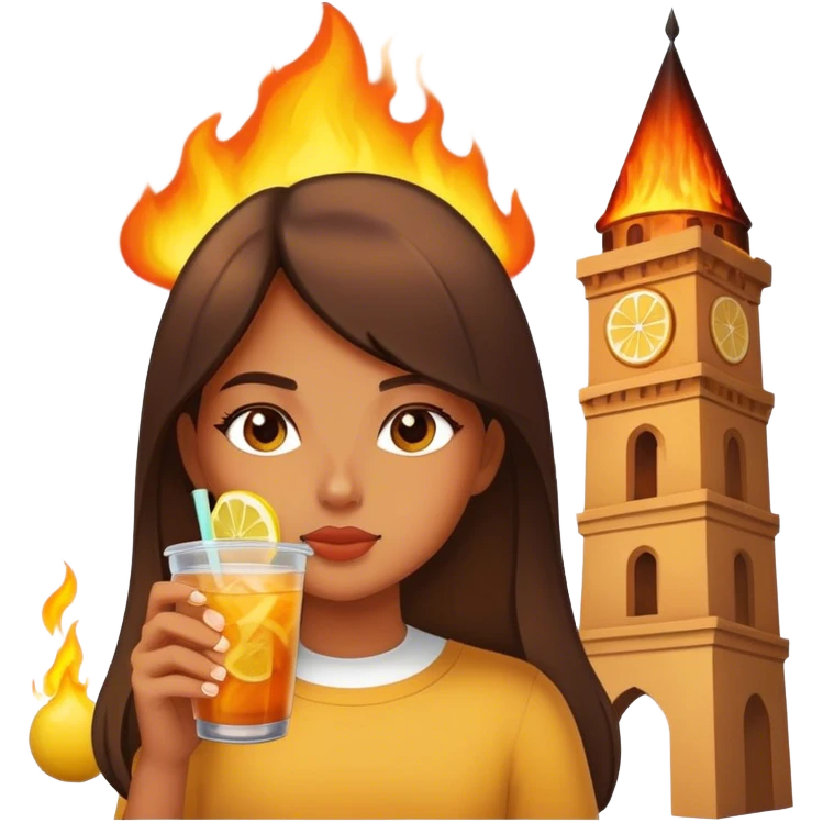 A tower is burning down but the girl is still chilling in front of it sipping iced lemon tea emoji