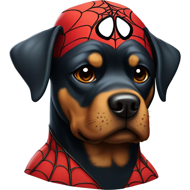a rottweiler dog dressed up as spider-man from the marvel comics  emoji