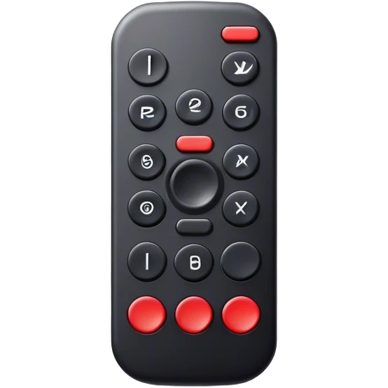 one black tv remote control with red border,  2Dimensions. Only 5 buttons, 4 in black and one big red button in the center emoji