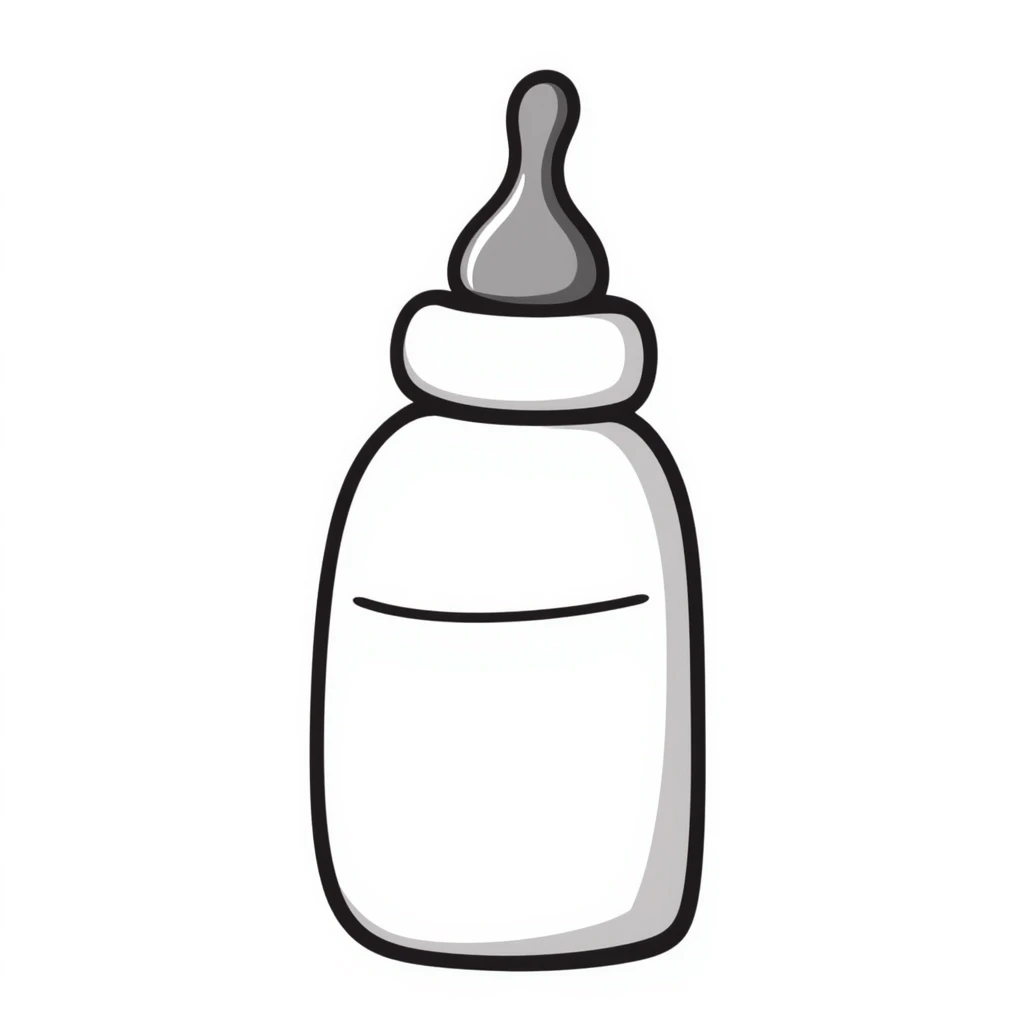 a baby bottle with a cap and nipple, pastel colors dd9fb0, ffc6d3, a3bfc9, c4bee2, f1b091, detailed hand-drawn doodle style emoji
