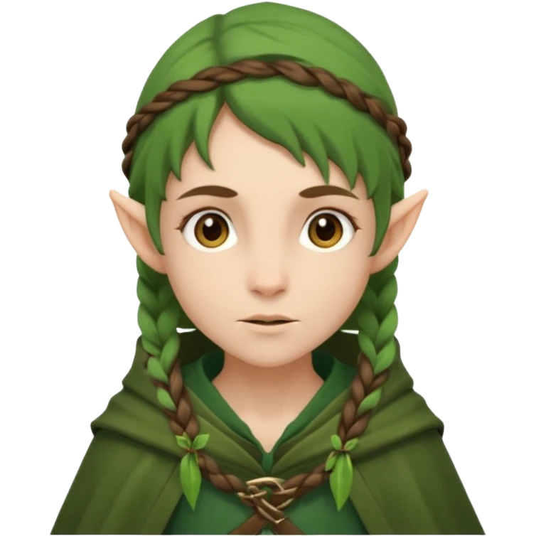 forest elf, brown braid, green cloak, gentle expression emoji