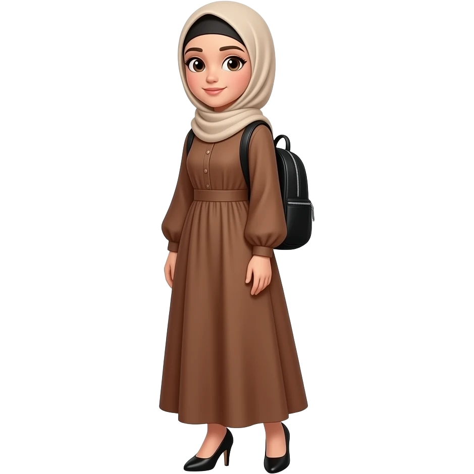 إيموجي لفتاة ترتدي فستان بني طويل حذاء طالون منخفض حجاب بيج غطي شعرها و ألبسها حقيبة برادا سوداء emoji