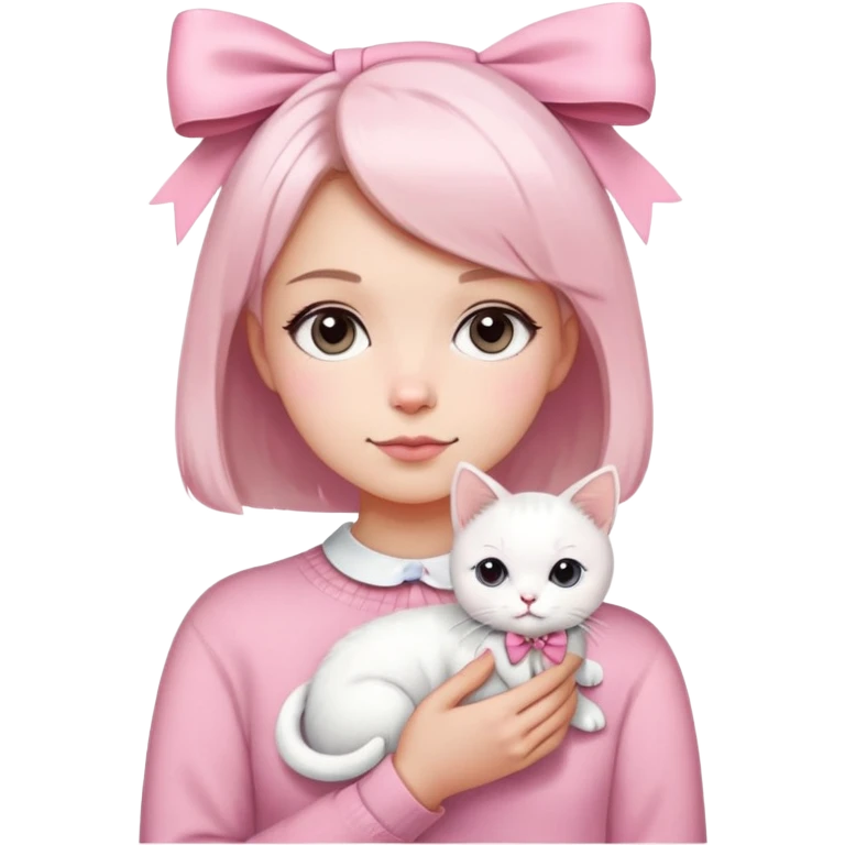 A girl with short hair, using pink sweater and there's a white bow in the middle of the sweater, and she's also using white bow on her hair. Also, she brings a white cat, using pink bow.  emoji