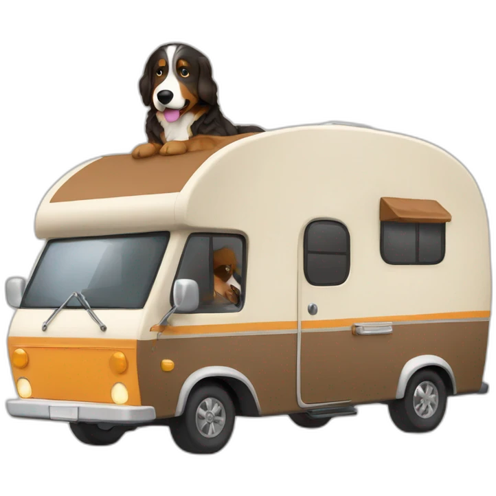 bernese mountain dog driving a camper with a brown hair girl emoji