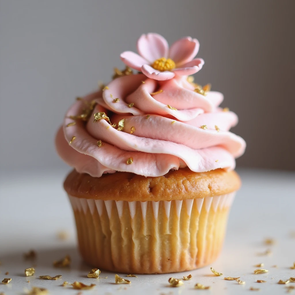 realistic cupcake with pink icing, photorealistic style, topped with a small edible flower and gold leaf accessories emoji