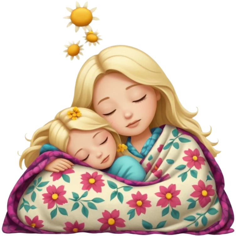 A girl that sleeps with a blank that has flowers on it blond long hair  emoji