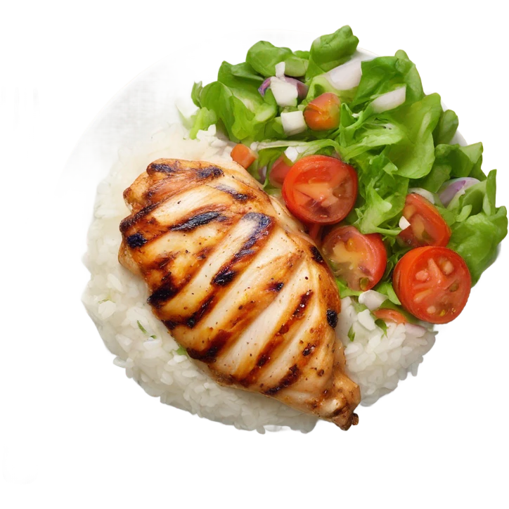Grilled chicken, rice, salad, on a plate emoji