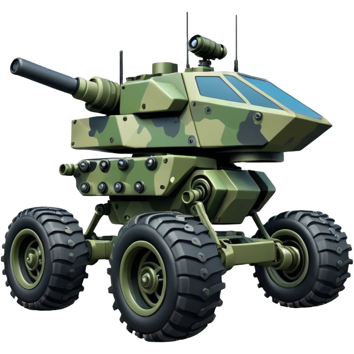 a roomy 4-wheel armored personnel stealth camouflage army massive mech trail vehicle shooting forward side-hill leaning actively independent suspended pod gimbal enemy mech off-road racing rover with large fast engine RC basher  emoji