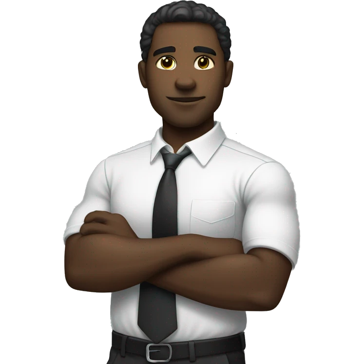 a mid muscular black guy wearing a white shirt with a tie crossing his arms. emoji