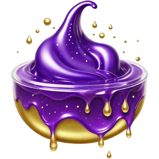 Cinematic Realistic Shiny Slime Mixed with Glitter, thick and glossy with swirling metallic flecks suspended inside, a dynamic mix of deep purple and golden sparkles, light catching every shimmer, flowing smoothly with realistic folds and ripples, glowing with an enchanting, almost liquid-metal effect. emoji