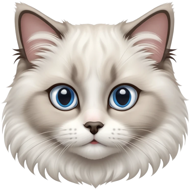 cinematic-adorable-big-eyed-fluffy-ragdoll-cat-portrait-emoji,-head-tilted-playfully-with-a-sweet-expression,-fluffy-white and grey-fur,-simplified-yet-irresistibly-cute-features-with-large,-expression, blue eyed ragdoll cat emoji