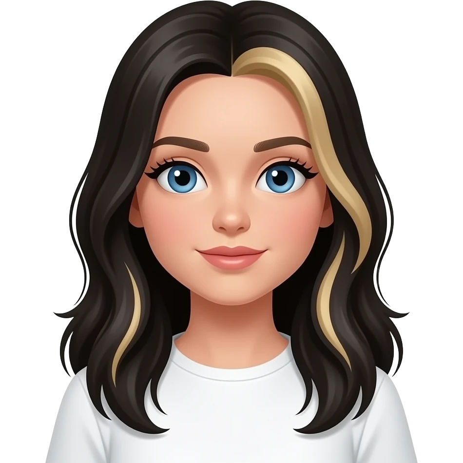 girl with long black hair and blonde highlights and blue eyes with lashes and wearing a white top emoji