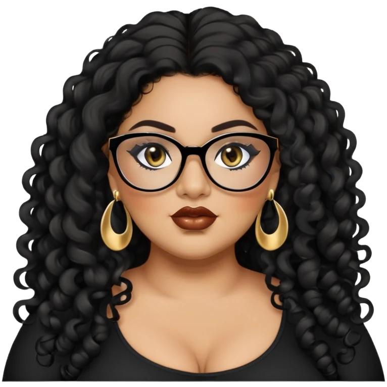 big plus size, latina, darker tan skin, long black curly hair, baddie,pretty, makeup, lipgloss, black eyeliner, long hair, small gold earrings, black top, black glasses emoji