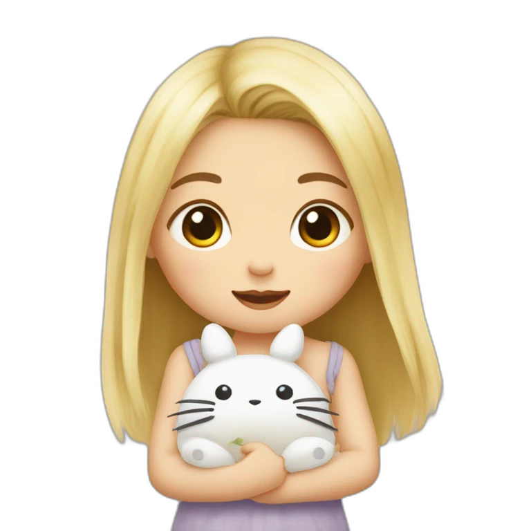 bébé fille blonde décoiffée avec une peluche Totoro  emoji