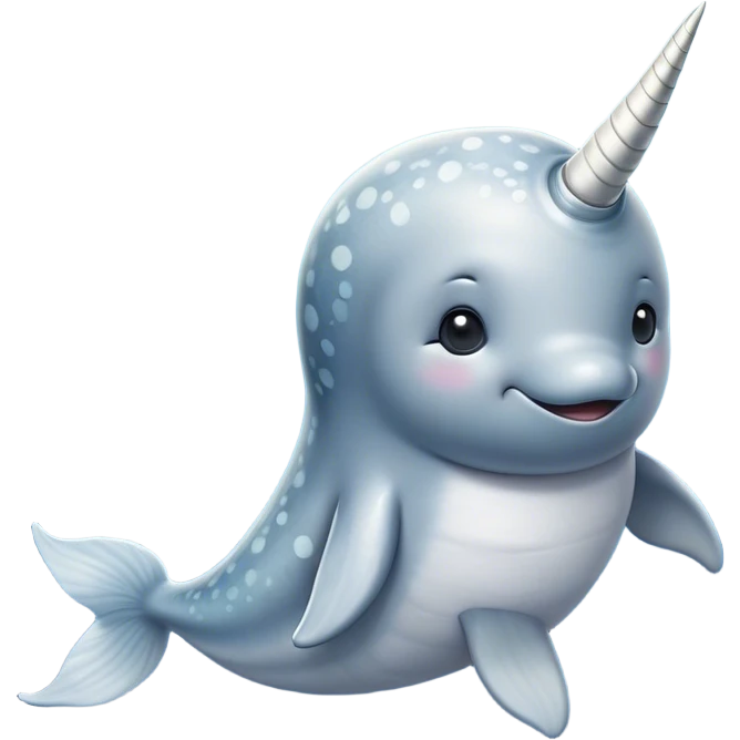 Cinematic Noble Cute Narwhal Portrait Emoji, Poised and graceful, with a streamlined, gently curved body clad in mottled, silvery-gray skin, accented by a long, spiraled ivory tusk and wide, expressive eyes radiating playful intelligence, Simplified yet sharp and sophisticated features, highly detailed, glowing with a cool, frosted ocean glow, high shine, intelligent and enigmatic, stylized with an air of whimsical marine majesty, focused and graceful, soft glowing outline, capturing the essence of a watchful and confident cute narwhal that appears ready to glide out of the screen with effortless charm! emoji