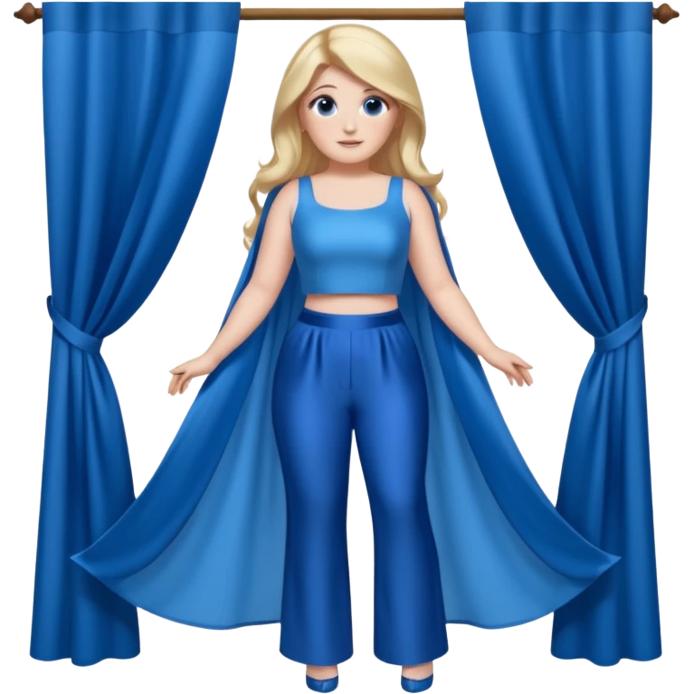 Meghan Trainor dressed in blue crop and blue silk pants holding blue curtain  emoji