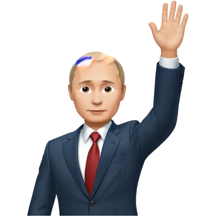 Putin stands with his right hand raised towards the sun emoji