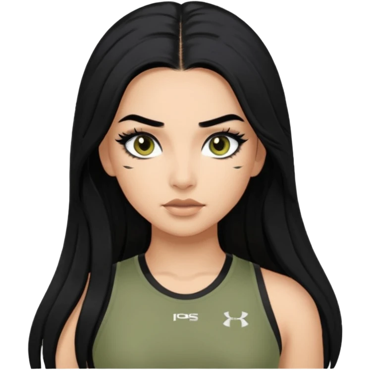baddie, long hair, cute athletic clothes, very long lashes emoji