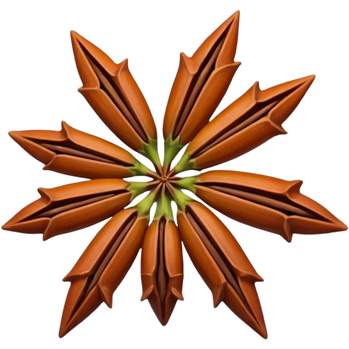 star anise pods (1-2), whole, reddish-brown, eight pointed arms, perfect star shape, smooth and slightly glossy, visible seeds, woody crisp texture, no extras, soft lighting, transparent background, emoji scale emoji