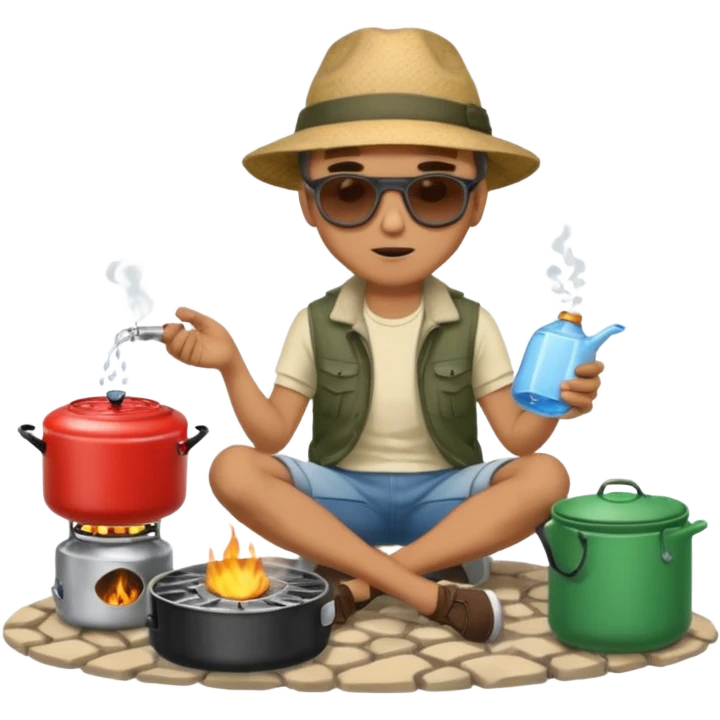 A man camper boiling water on a portable stove, enjoying the outdoor breeze sitting on the ground
 emoji