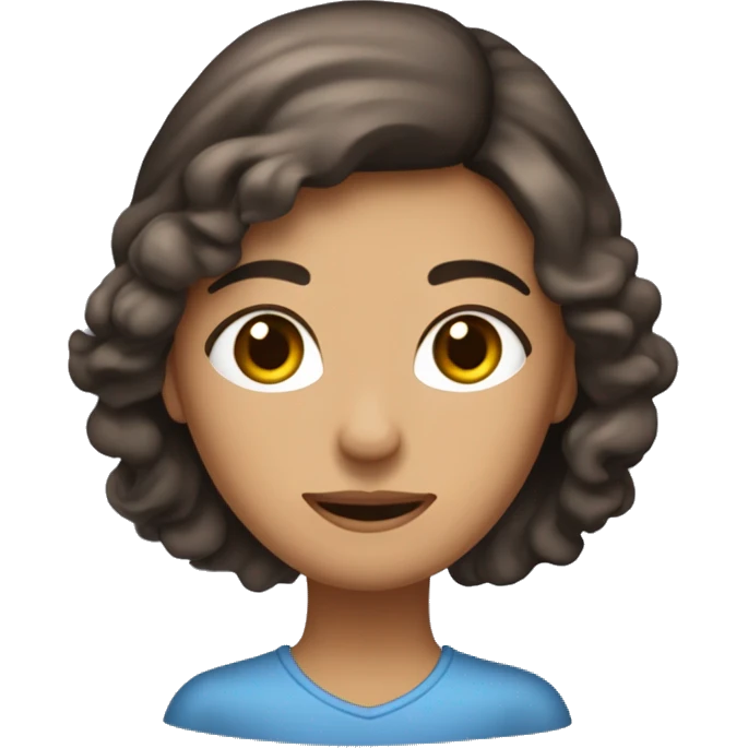 La imagen muestra a una mujer con cabello castaño oscuro recogido y un mechón suelto. Tiene una expresión suave y amigable, con ojos azules destacados y mejillas ligeramente sonrojadas emoji