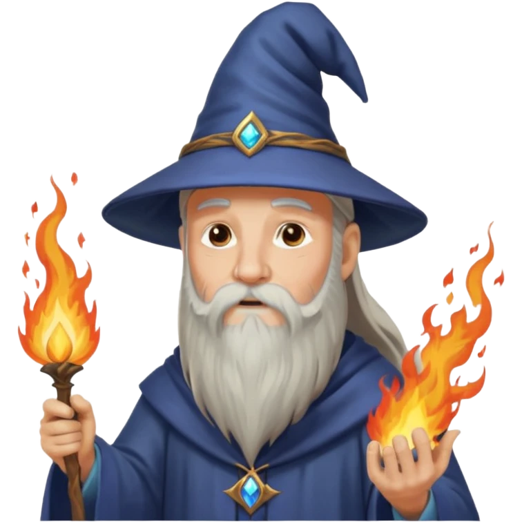 old wizard casting a fire spell, fantasy theme, magic spells, wizard with long beard, pointed hat emoji