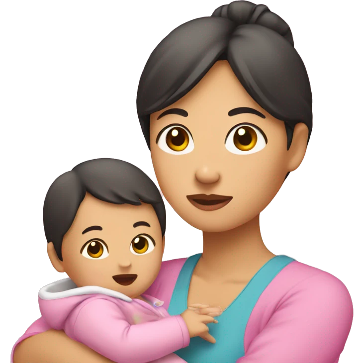 An Asian woman holds a baby with one hand, a pink package in the other hand emoji