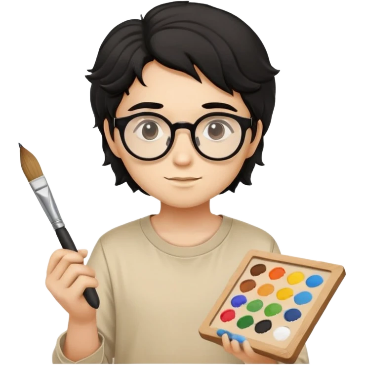 Reliable young painter with round glasses, wavy black hair, beige art shirt, with square paintbrush emoji