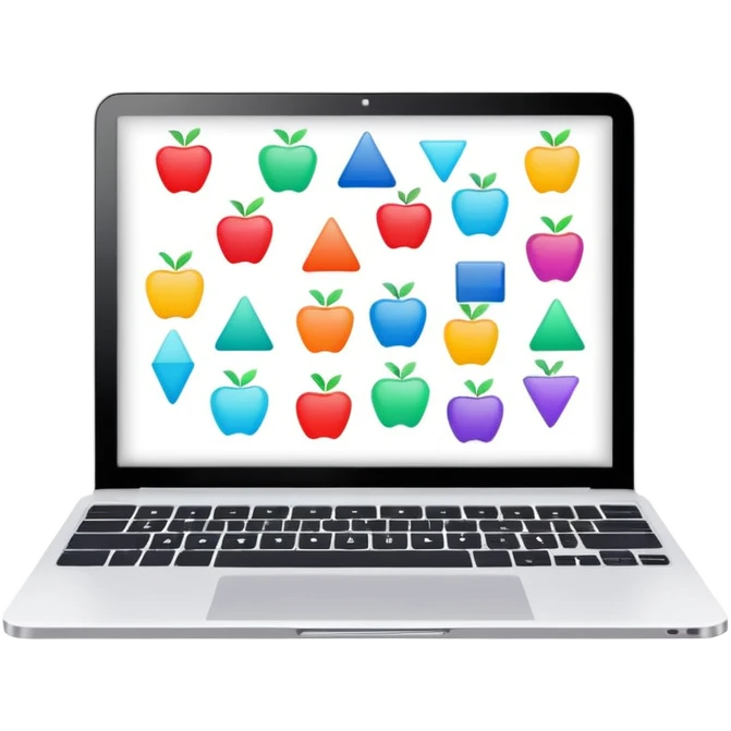 laptop with a digital whiteboard and colorful shapes, in the style of Miro, apple style emoji emoji