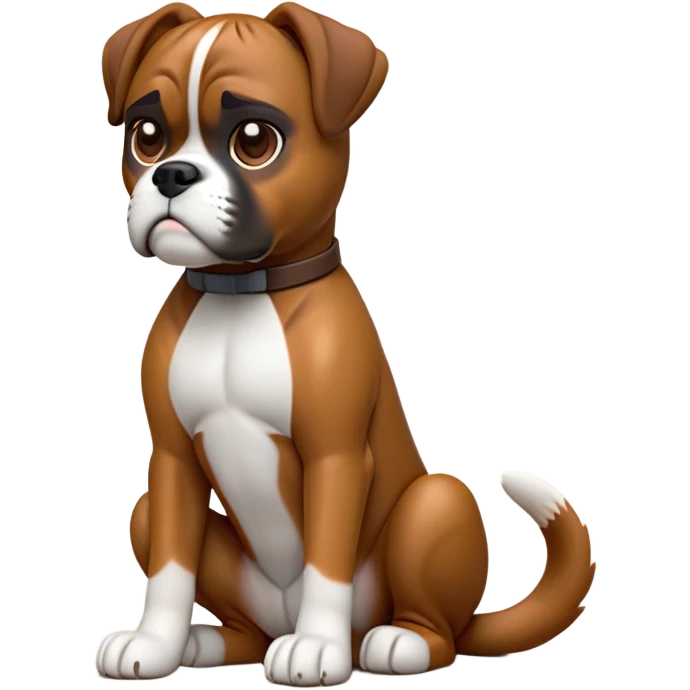 cinematic-[boxer dog]-realistic-full-body-sitting-emoji,-tail-resting-loosely-beside-its-paws,-head-tilted-dramatically,-sleek-[brown]-fur,-simplified-yet-realistic-focused-features,-highly-detailed,-glowing-with-an-almost-sarcastic-glow emoji