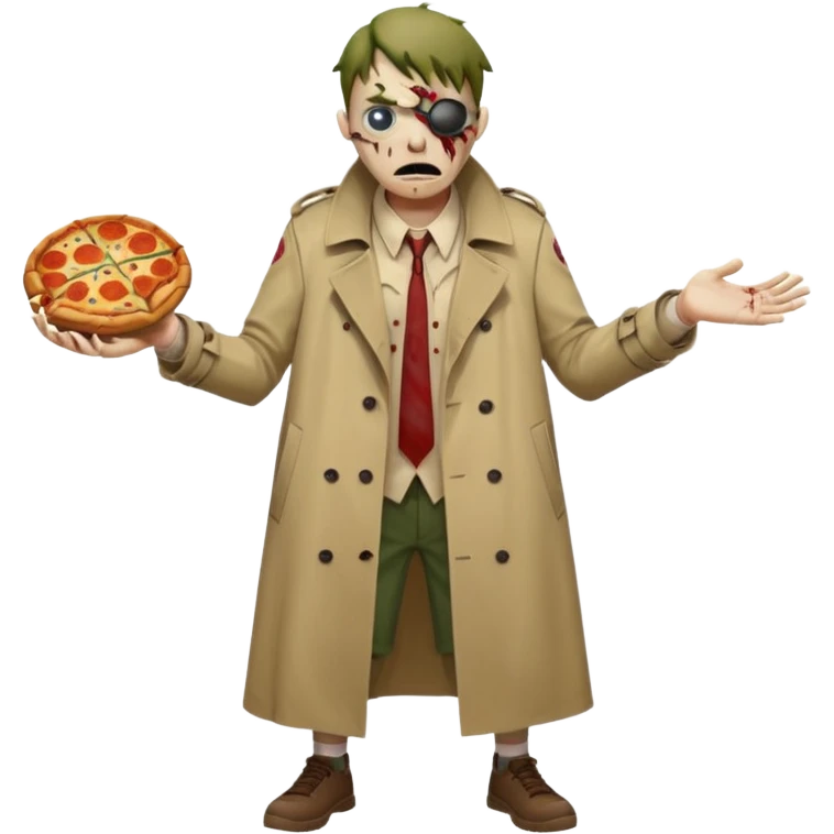 a glitch abomination with hands for a head, a baskeball stomach, pizza eyes, eyepatch, and zombie wounds, wearing trench coat emoji