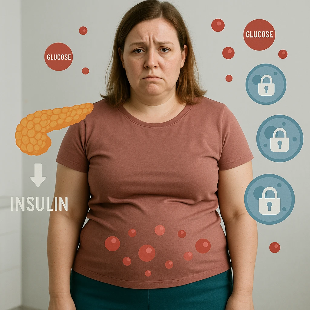 Realistic woman about 38 years old, slightly overweight with fat accumulation on abdomen and face, in a clinical or neutral environment. Expression tired and frustrated. Around the body: stylized pancreas with low insulin production icon, glucose molecules floating in the blood, cells with closed padlocks indicating they do not absorb sugar. Realistic style with medical symbolic elements. emoji
