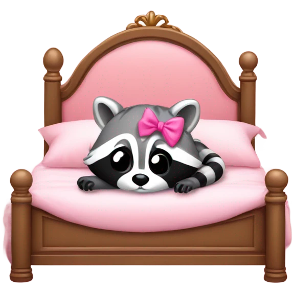 princess style bed with sleeping cute racoon wearing pink bow on head in it emoji