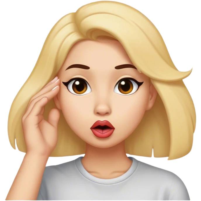 pushing hair behind one ear and making duck lips emoji