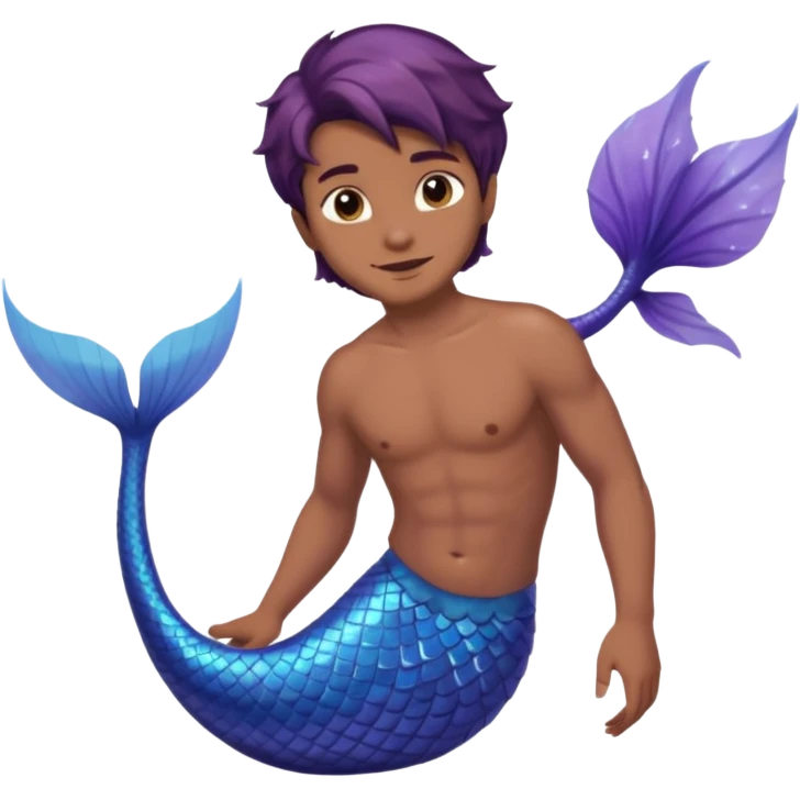 merman with brown hair brown eyes and medium to dark skin tone with a blueish purple tail emoji