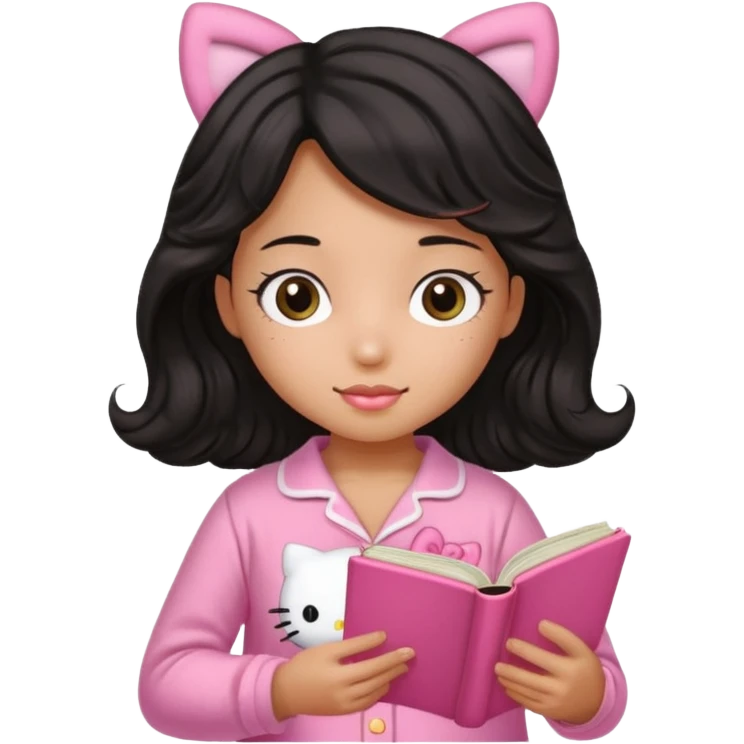 Chica peli negra  cabello ondulado tes trigueña con una pijama rosa de hello kitty leyendo un libro rosa de haditas  emoji